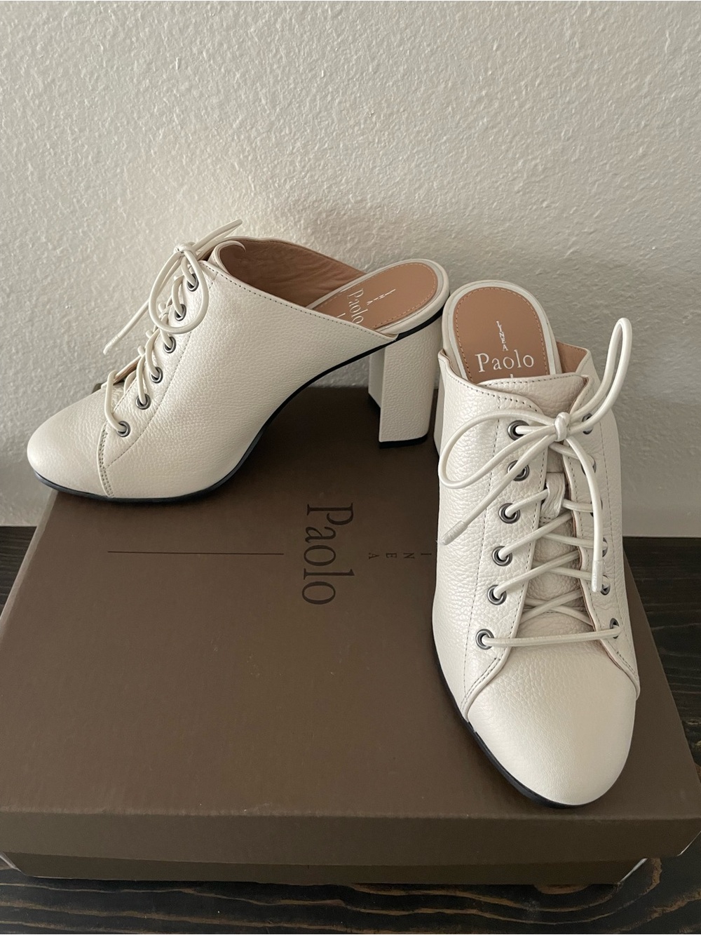 Paolo Off-White Leather Lace-Up Mule Heels - Picture 5 of 11